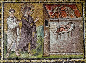Jesus heilte auf wundersame Weise einen Gelähmten in Kapharnaum. Mosaik des 6. Jahrhunderts. Basilika von Sant
