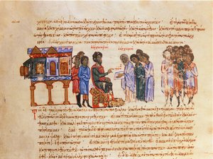 MMS Vitr 26-7 Botschafter aus Kiew, gesandt von König Wladimir, wird von einem byzantinischen Bischof über das Christentum unterrichtet, aus dem Madrid Skylitzes von Byzantine School