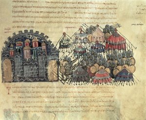 Byzantiner belagern Messina, aus dem Madrid Skylitzes