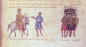 MMS Vitr 26-7 Die byzantinische Armee vertreibt die Bulgaren des Zaren Krum, aus dem Madrid Skylitzes von Byzantine School
