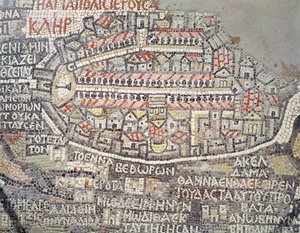 Die Stadt Jerusalem und die Umgebung, Detail aus der Madaba-Mosaikkarte, byzantinisch, 6. Jahrhundert