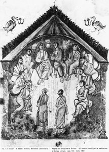 Die Apostel versammeln sich zur Ersetzung von Judas durch Matthias, Folio aus den Rabula-Evangelien, 586 n. Chr. von Byzantine School
