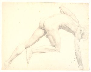 Nacktes, nach vorne gebeugtes männliches Modell von C.A. Jensen