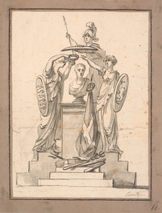 Eine Büste (Fr. VI?) wird von drei Frauen mit Wappenschilden bekränzt von C.A. Lorentzen
