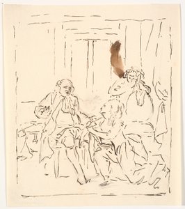 Eine Frau kniet vor einem sitzenden Mann. Im Hintergrund eine weinende Frau, die sich an einen Stuhl lehnt. Theaterszene? von C.A. Lorentzen