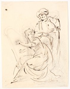 Harfe spielende Dame. Hinter ihr ein Mann mit Turban von C.A. Lorentzen
