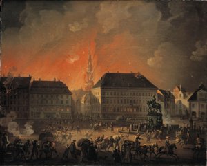 Die schrecklichste Nacht. Ansicht von Kongens Nytorv in Kopenhagen während der englischen Bombardierung von Kopenhagen in der Nacht vom 4. auf den 5. September 1807 von C.A. Lorentzen
