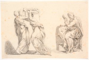 Zwei Frauen in klassischen Gewändern, die einen Korb tragen, sowie eine Sibylle nach Michelangelo von C.A. Lorentzen