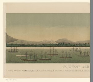 Ansicht der Küste von Groß-Atjeh, mit der Flotte der Ersten Atjeh-Expedition vor der Küste von C.A. Whitten