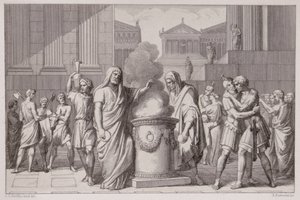 Das Treffen von Camillus und Manlius nach dem Rückzug der Gallier, graviert von B.Barloccini, 1849 von C.C Perkins