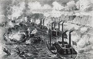 Admiral David Dixon Porters Flotte durchbricht die Rebellenblockade am Mississippi bei Vicksburg, 16. April von J.B. and Brown J. Rowbotham