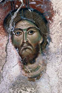 Gesicht von Christus, Detail aus Fresko in der Kirche Agios Georgios, Mourne, Kreta, Griechenland (Foto)