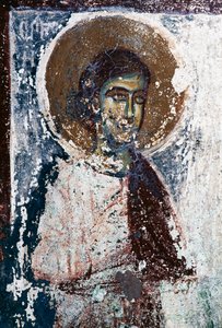 Figur eines Heiligen, Fresko in der Kirche Taxiarhon, Alt-Pyli, Kos Insel, Griechenland (Foto) von J.B. and Brown J. Rowbotham