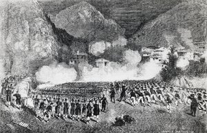 Division von General Giacomo Medici greift Levico Terme an, Trentino-Südtirol, Juli 1866, Dritter Unabhängigkeitskrieg, Gravur, Italien