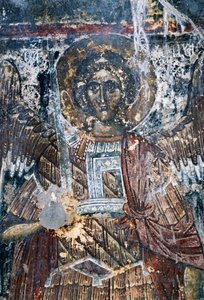 Pferd, beschädigtes Fresko an der Decke der Kirche Agios Vasileios, Vavouledo, Kreta, Griechenland (Foto)