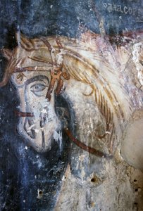 Pferd, Detail aus Fresko in der Kirche Agios Georgios, Vathiako, Kreta, Griechenland (Foto) von J.B. and Brown J. Rowbotham