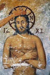 Jesus wird von Johannes dem Täufer getauft, Fresko in der Kirche des Klosters St. Johannes Theologe (Unesco-Welterbeliste)