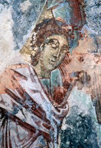 Männliche Figur, beschädigtes Fresko an der Decke der Kirche Agios Vasileios, Vavouledo, Kreta, Griechenland (Foto)