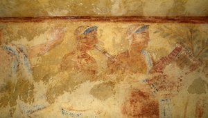 Musiker, Fresko, Detail, Grab der Blauen Dämonen, Nekropole von Tarquinia (UNESCO-Welterbeliste, 2004), Latium, Italien. Etruskische Zivilisation, 5. Jahrhundert v. Chr. (Foto)