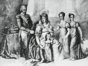 Porträt von Viktor Emanuel I., König von Sardinien und Herzog von Savoyen, Piemont und Aosta, mit seiner Frau Maria Theresia von Österreich-Este und seinen Töchtern, Maria Teresa von Savoyen (1803-1879), Maria Anna von Savoyen und Maria Cristina von Savoye von J.B. and Brown J. Rowbotham
