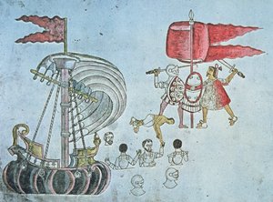 Spanische Soldaten von Hernan Cortes waten 1519 an Land, um gegen die Azteken zu kämpfen, kopiert aus dem Codex Azcatitlan, ca. 1550 von J.B. and Brown J. Rowbotham