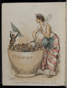 Der Mörser der Assimilation - Und das eine Element, das sich nicht mischen lässt, Illustration aus Puck Magazine, 26. Juni 1889 von C.J. Taylor