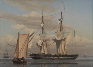 Ein amerikanischer Marinebrig liegt vor Anker, während ihre Segel trocknen