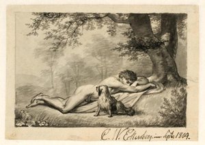 Ein nackter junger Mann, der am Fuße eines Baumes schläft, neben ihm ein Hund von Christoffer Wilhelm Eckersberg