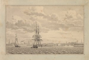 Kopenhagen vom Außenhafen aus gesehen mit einer vor Anker liegenden Brigg und einer segelnden Schaluppe