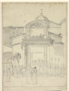 Kirche Sta. Cosmos und Sta. Damian (Tempel von Romulus und Remus) mit Mönchen in Prozession, die aus der Kirchentür kommen von Christoffer Wilhelm Eckersberg