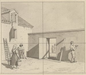 Linearperspektiven, angewendet auf die Malerei - Entwurf für nicht verwendete Illustration - Dänischer Hof mit vier Bauern und Handwerkern