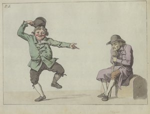 Satirisches Blatt; ein Mann springt und lacht, während er auf einen sitzenden alten Mann zeigt von Christoffer Wilhelm Eckersberg