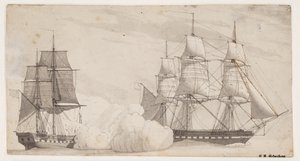 Zwei Kriegsschiffe im Kampf (die englische Fregatte Shannon und die amerikanische Fregatte Chesapeake?)