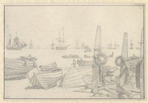 Aussicht vom Strand südlich von Helsingør auf das Wachschiff, die Brigg "Falster" von Christoffer Wilhelm Eckersberg