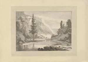 Berglandschaft mit Hirten am Flussufer