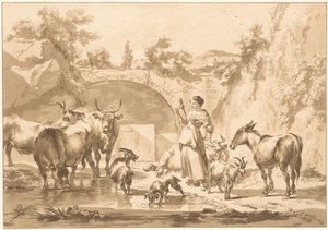 Spinnende Hirtin mit Herde von C. Dietrich (prentmaker) (possibly)