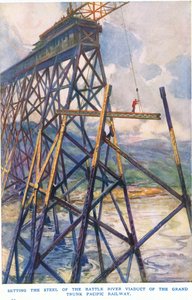 Stahlverlegung auf dem Battle River Viadukt der Grand Trunk Pacific Railway von C. Dudley Tennant
