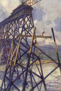 Stahlverlegung der Battle River Viadukt der Grand Trunk Pacific Railway, Kanada (Farblithografie) von C. Dudley Tennant