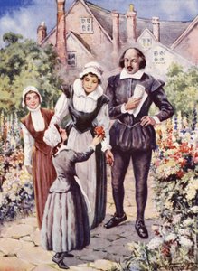 William Shakespeare mit seiner Frau und zwei Töchtern im Garten von New Place, Stratford-upon-Avon von C. Dudley Tennant