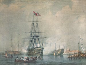 HMS Victory feuert einen königlichen Salut im Hafen von Portsmouth, aus British Adventure veröffentlicht von Collins, 1947 von C. J. M. Whichello