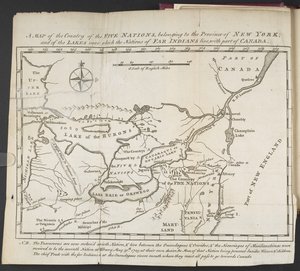 Eine Karte des Landes der Fünf Nationen, das zur Provinz New York gehört; und der Seen, in deren Nähe die Nationen der fernen Indianer leben, mit einem Teil von Kanada von Cadwallader Colden