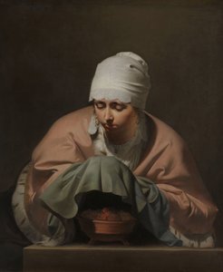 Eine junge Frau wärmt ihre Hände über einem Kohlenbecken: Allegorie des Winters von Cesar Boetius van Everdingen