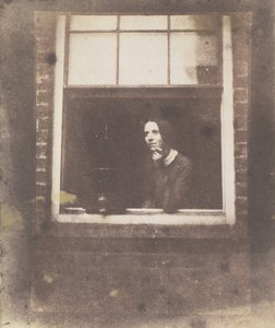 Dame am offenen Fenster mit Vogelkäfig, späte 1840er