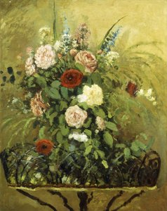 Blumenstrauß mit rustikaler Holzjardiniere, c.1876