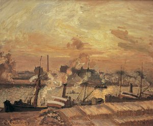 Déchargement de bois, quai de la Bourse, coucher de soleil, 1898