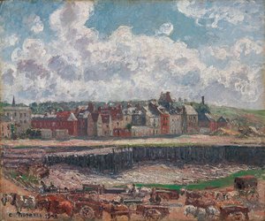 Pferde und Karren vor dem Fischereihafen, Dieppe, bei Ebbe; Chevaux et charrettes devant la darse de pêche, Dieppe, marée basse, 1902 von Camille Jacob Pissarro