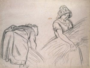 Studie von zwei weiblichen Erntehelfern, 1882 (schwarze Kreide auf rosa Papier mit Weiß) von Camille Jacob Pissarro