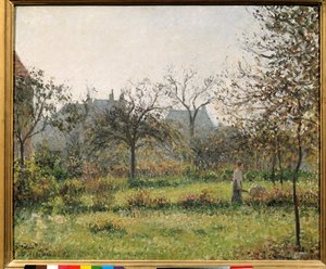 Frau in einem Obstgarten, Herbstmorgen, Garten von Eragny. Gemälde von Camille Pissarro (1830-1903) 1897 von Camille Jacob Pissarro