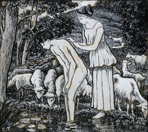 Chloë wäscht Daphnis an einem Bach, Kompositionsstudie für eine Illustration, ca. 1895 von Camille Pissarro