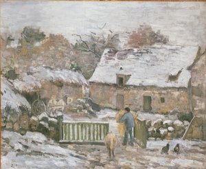 Bauernhof in Montfoucault: Schneeeffekt, 1874-1876 von Camille Pissarro